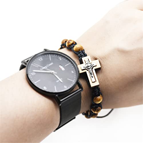 Catholic Wooden Beads Adjustable Men's Bracelets Rosary with Wood Crucifix (Black)4