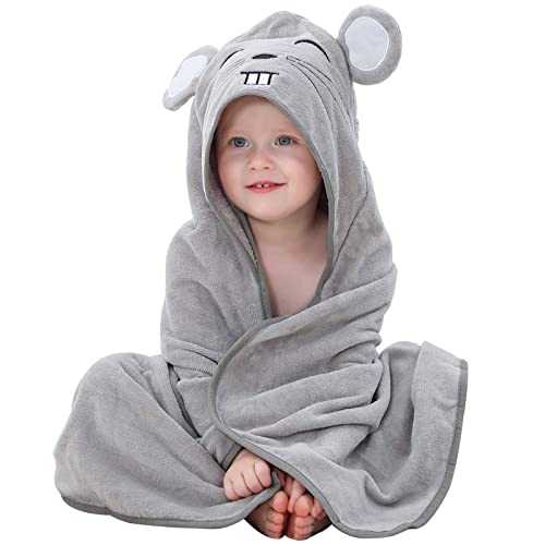 Image of MICHLEY Animal Hooded Baby Bath Towel Toddler Premium Cotton Absorbent Washcloth for Girls Boys 0-6T, Mouse
