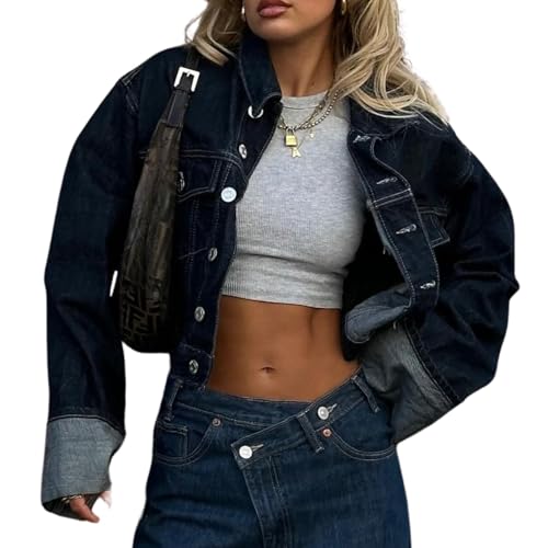 Women's Cropped Denim Jacket Button Up Long Sleeve Turn-Up Cuff Jean Jacket Women Coat