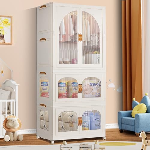Image of Kalolary Portable Kids Closet, Children's Wardrobe Collapsible Plastic Wardrobe with Wheels Foldable Baby Clothes Cabinet Toddler Dresser Storage Organizer with Hanging Rod & 10 Hangers