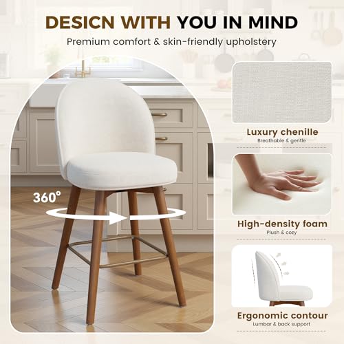 Image of Modern Swivel Bar Stools Set of 2, Chic Upholstered Counter Height(26IN) Bar Chair with Back, Solid Wood Legs and Footrest, Comfortable Chenille Bar Stool for Kitchen Island, Cream White