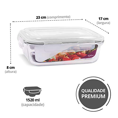KIT 4 Potes de Vidro Retangular com Tampa Hermética 1520ml Cor:Branco (QH)