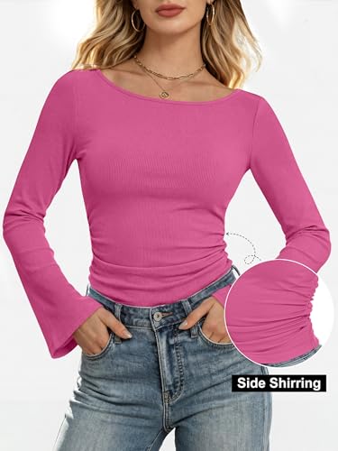 ANRABESS Women Bell Long Sleeve Shirts Boat Neck Top Hot Pink X-Large — view 4