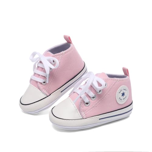 Image of Unisex Baby Girls Boys Canvas High-top Shoes, Newborn Infant Anti-Slip Soft Sole Frist Walking Breathable Sneakers