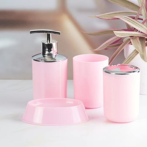 Image of Kookee Acrylic Bathroom Set - Stylish 4 Piece Bath Accessories Kit with Soap Dispenser, Toothbrush Holder, Tumbler & Soap Dish - Modern & Designer Decor for Home & Guest Bathrooms (7395)