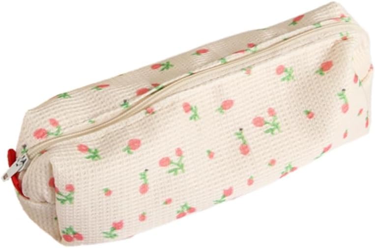 Image of Pink Women Fresh Style Pencil Bag Flower Floral Canvas Large Pen Pencil Pouch Bag Pencil Case Pen Holder Coin Pouch, Simple Cosmetic Storage Bags Makeup Bag Office Stationery Organizer