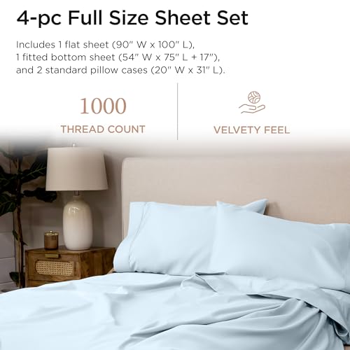 Threadmill Luxury Full Size Sheets for Full Size Mattress, 1000 Thread Count Supima Cotton Sheets for Full Mattress, 5-Star Hotel Quality 4 Piece Bed Sheets with Extra Deep Pocket, Light Blue