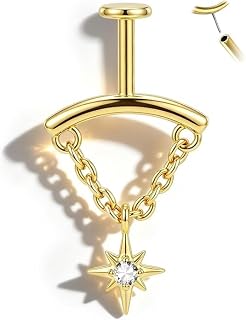 Dangle Chain 히든 헬릭스 피어싱 주얼리, 16G 6MM 나사없는 푸시 인 헬릭스 귀걸이, 여성용 별 연골 귀걸이 스터드 실버/골드