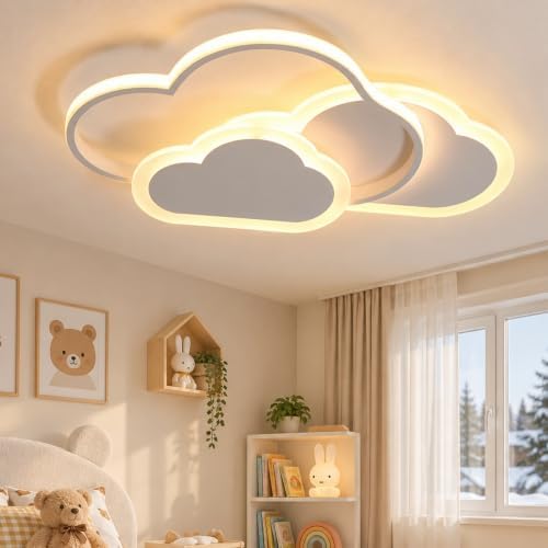 YUEEU Kinderzimmer Lampe Decke 52CM 3000K LED Deckenleuchte Wolkelampe | Deckenlampe für Kinder Schlafzimmer Kinderlampe Wolke Mädchen Kinderzimmelampe Babyzimmer 42W mit Nachtlich