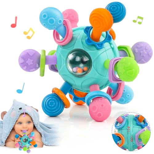 Brinquedos bebés 6-12 meses educativos, chocalhos brinquedos bebés 0-3 meses branditos, mordedor bebé frigorífico Montessori brinquedos bebés 3-6 meses brinquedos bolas sensoriais bebé presente (azul)