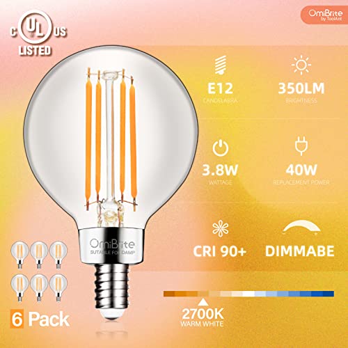 Omibrite Led Globe Light Bulbs 3.8W, Candelabra E12 Base, 40W Equivalent, G16.5 Replacement Decorative Bulbs For Chandelier, Vanity, Ceiling Fan, Dimmable, 2700K, Cri95, 350Lm, Ul Listed, 6/Pack #TOP2