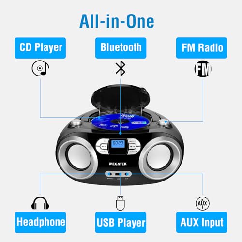 MEGATEK Portable CD Player Boombox with FM Radio, Bluetooth, USB Port, AUX Input, and Headphone Jack – CD-R/CD-RW/MP3-CD Compatible, Clear Stereo Sound, Backlit LCD Display – Black by MEGATEK - Image 2