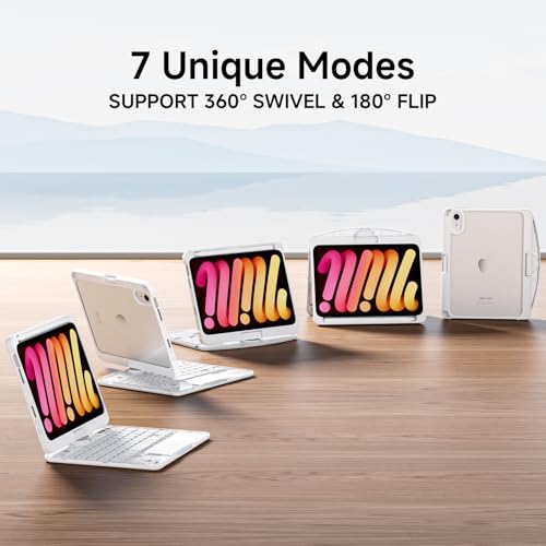 Image of Transparent Case with Keyboard for iPad mini 7 A17 Pro(2024) & Mini 6 (2021) 8.3 inch,7-Color Backlit,Wireless Keyboard, 360Rotating,with trackpad,Pencil Holder,with Shortcuts,White