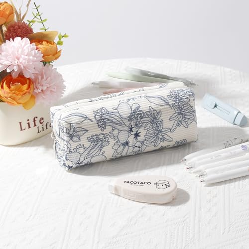 Image of Pencil Case Lightweight Aesthetic Pen Case Office College School Storage Bag Pouch Holder Box Organizer Makeup Pouch Cosmetic Bag for Girls Boys Kids (Flowers-Navy blue)