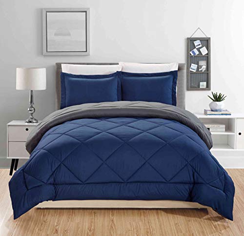 All American Collection Super Soft Reversible Down Alternative Comforter Set, Stitched Geometrical Diamond Pattern (Twin, Navy/Charcoal) #TOP10