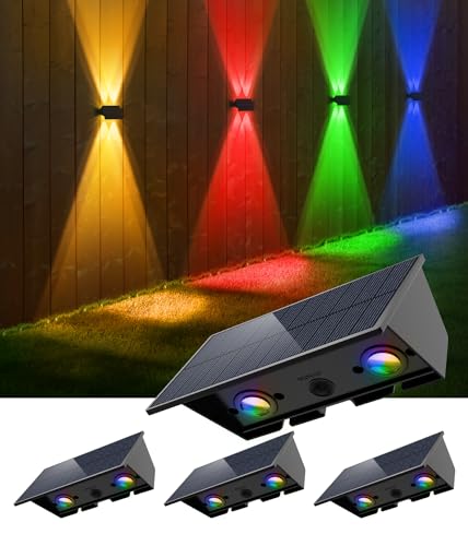Color Changing Solar Powered Fence Lights Outdoor Decorative LED Waterproof Yard Lamps for Deck Railing, Patio, Porch, Post and Backyard, Designed for Effortless Installation, Party Decor, RGB 4 Pack