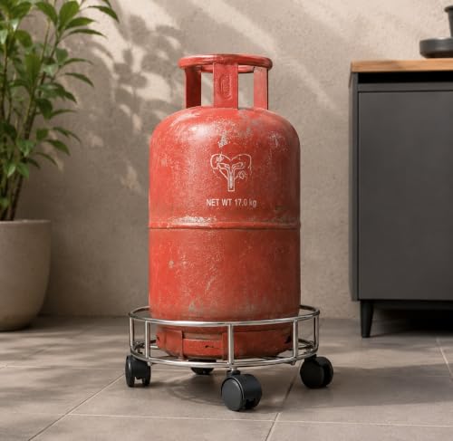 Image of Gas Cylinder Trolley with Wheel | LPG Stainless Steel Cylinder Stand with Rubber Protection for Daiy Kitchen Use | 4 Plastic Wheels Easily Movable Trolley (Wired Trolley)