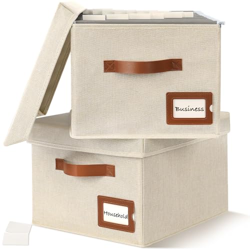 Storage Standard 2-Pack File Organizer Box with Lid - Collapsible Hanging Linen Document Organizer Portable File Boxes, Lightweight & Portable Filing Box Crates with Handles & Extras, Ivory
