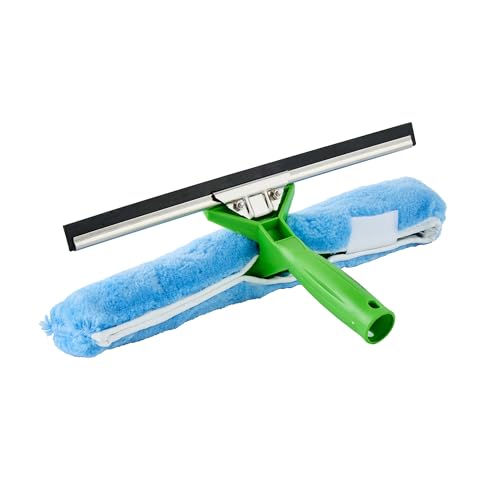 Image of Restaurantware-Clean Tek Professional 2-in-1 Squeegee and Window Scrubber, 1 Dual Head Window Cleaner - Includes T-Bar Handle, Removable and Machine Washable Washer, Blue Plastic Squeegee for Glass
