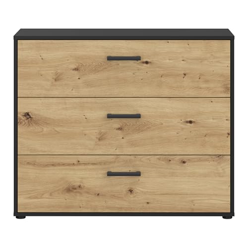 Forte MONISSA Sideboard 100, Moderne Kommode, 3 Schubladen, Schlafzimmer, Wohnzimmer, Holzwerkstoff, Artisan Eiche Holzdekor|Schwarz, 97,9 cm breit x 81,7 cm hoch x 41,4 cm tief