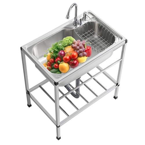 Évier de cuisine de restaurant commercial, évier de cuisine à double cuve en acier inoxydable sur pied avec robinet, lavabo pour cuisine de garage de restaurant (argent, taille: 80x43x75 cm)