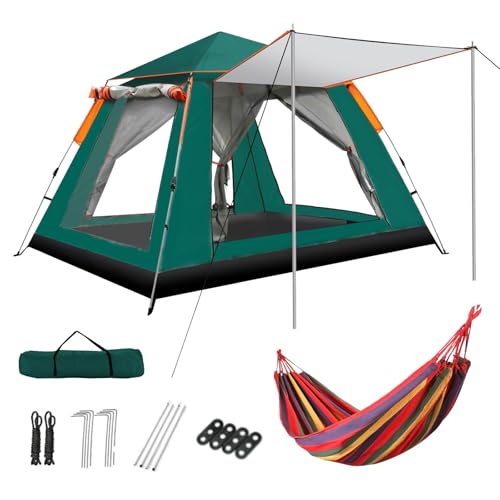 Camping Tents with Hammock for 3 to 4 Persons, Lightweight Family Tent with Mesh Windows Waterproof Easy Tents Instant Pop-Up Tents 60s Easy Setup Tent for Adults Kids Music Festival Hiking