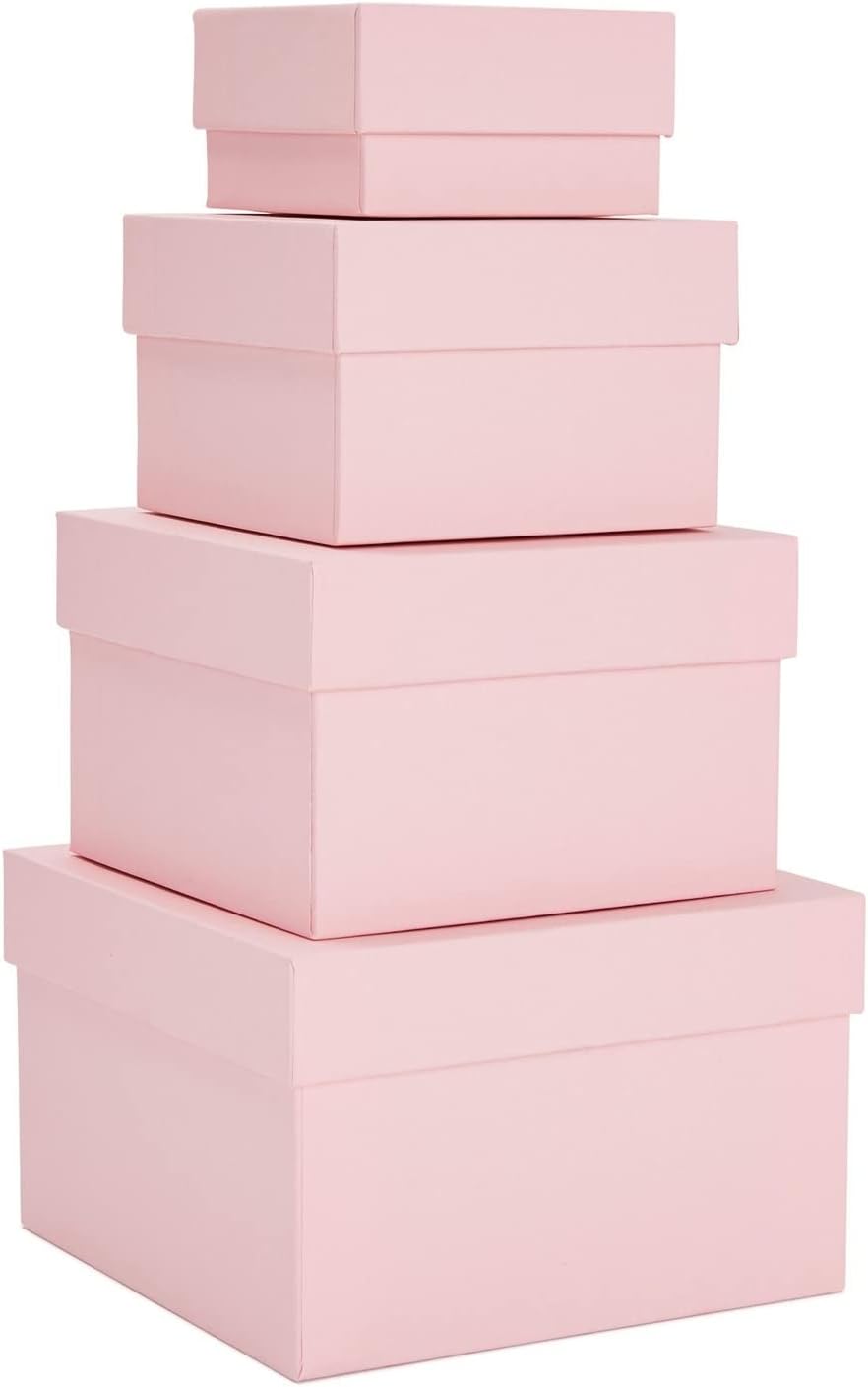 Stockroom Plus Set of 4, Assorted Sizes Square Nesting Boxes with Lids, Paper Gift Boxes Set, Pink