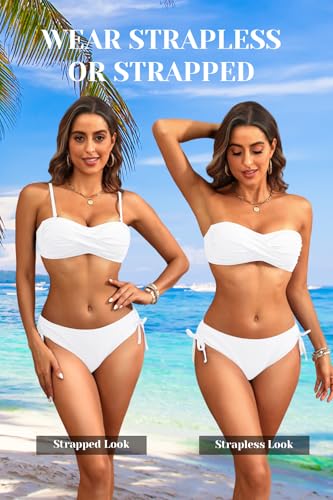 Image of Women's Strapless Bandeau Bikini Set - Twist Front Two Piece Swimsuit Top with Side Tie Bathing Suit Bottom