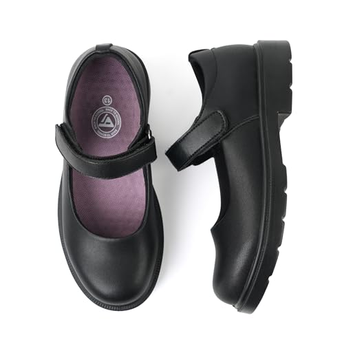 JABASIC Girls Mary Jane School Dress Shoes Hook Loop Strap Non-Marking Sole for Everyday and Parties (3 Black)