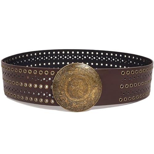 IZUS Retro-Punk Western-Belt for Women PU-Leather Eyelets-Waist-Strap Women's Vintage Belt with Wide-Disc-Buckle