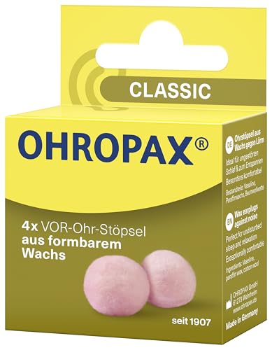 OHROPAX Classic Ohrstöpsel – VOR-Ohr-Stöpsel zum Schutz vor Lärm, Nässe und Wind – aus formbarem, anschmiegsamen Wachs – bequem und für alle Ohren geeignet – Schalldämmwert SNR 21 dB – 4 Stück