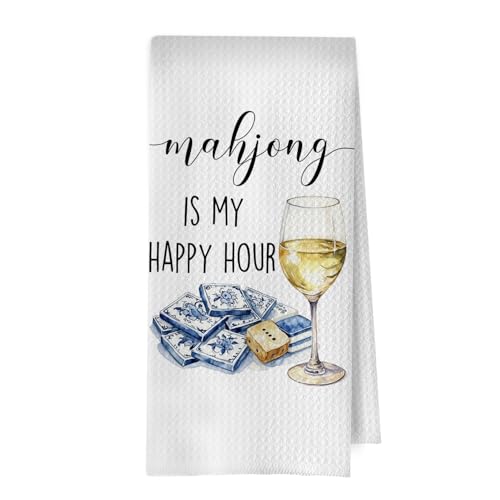Image of Mahjong Wine Kitchen Towel - Mahjong is My Happy Hour Decorative Waffle Dish Towels, Bar Car Hand Towels, Mah Jong Tea Towel for Kitchen, 16x24 Inch