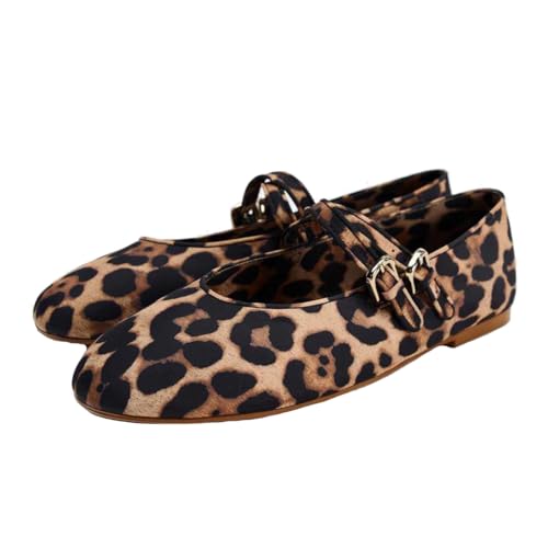 Women's Retro Leopard Ballet Flats Buckle Strap Mary Jane Flats Ballerina Shoes Round Toe Ballet Flat Shoes
