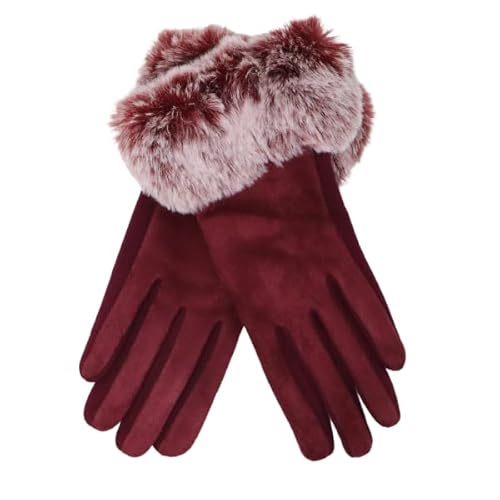 Thistle Gem Large Trim Faux Fur Gloves – Fashionable and Cozy Touch Screen Fur Gloves - Multicolor & Soft Winter fur lined gloves for Women (Burgundy)