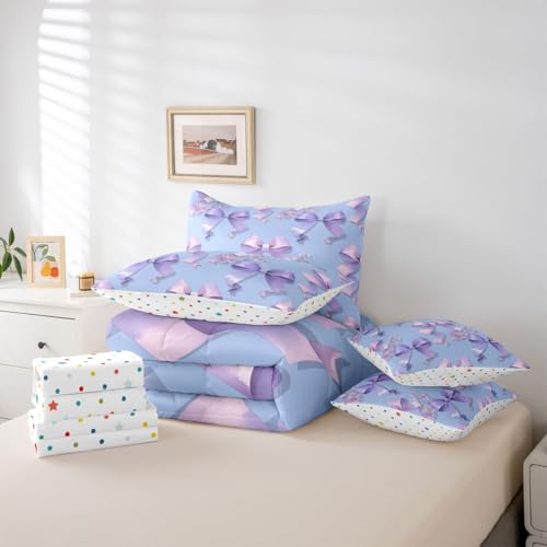 Image of Purple Bow Full Size Bed Sheets and Comforter Set | Cute Bowknot 7-Piece Bedding Set Dreamy Princess Style Ribbon Bow Tie Bed in a Bag, Girly Floral Bed Sets,Kawaii Room Decor Aesthetic