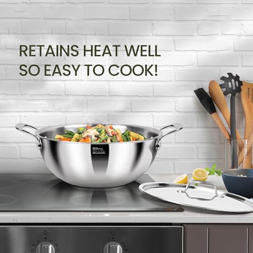 Image of Milton Pro Cook Induction Cookware & Gas Stove Friendly Triply Stainless Steel Kadhai with Lid 36 cm /9.8 Litre | 3-Layer Thick Base | Even Heat | Less Oil Healthy Cooking | Deep Fry | 3Y Warranty