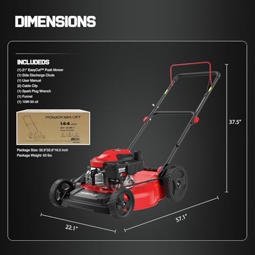 Image of PowerSmart 21-Inch Gas Lawn Mower, 144cc 4-Cycle OHV Engine, Push Mower with Mulching & Side-Discharge, 6 Cutting Heights