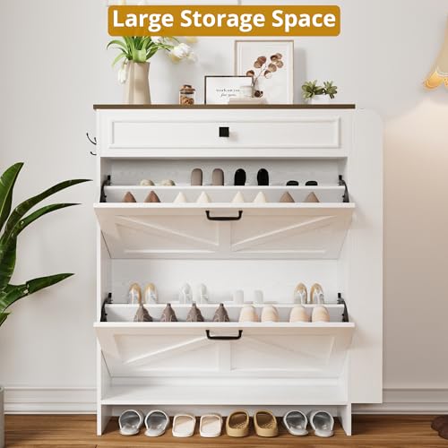 image for IRONCK Shoe Storage Cabinet with 2 Flip Drawers & Barn Door Design, Fr