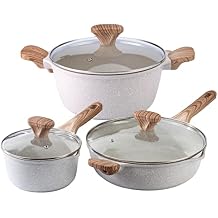 Country Kitchen Non-Stick Cast Aluminum Cookware Set - Durable Kitchen Cookware for Everyday Cooking, Speckled Cream, 6 Pc.