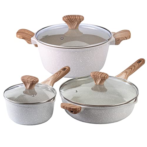 Country Kitchen Non-Stick Cast Aluminum Cookware Set - Durable Kitchen Cookware for Everyday Cooking, Speckled Cream, 6 Pc.