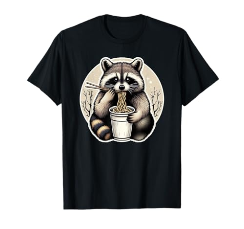 Divertida taza de fideos de anime japonés con mapache comiendo ramen Camiseta