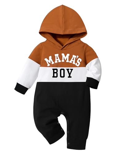 Image of Fommy Baby Boy Clothes MAMA'S BOY Letter Printed Long Sleeve Hooded Romper Bodysuit Jumpsuit Fall Winter Baby Clothes Outfits