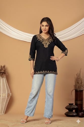 Image of Rayon Kashmiri Embroidered Short Kurti for Women | V-Neck Tunic Top with 3 /4 Sleeves | Floral Design Indo-Western Kurti for Jeans & Leggings