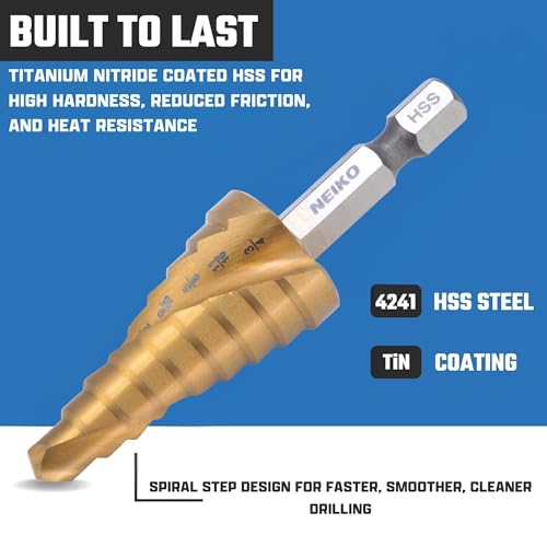 Image of NEIKO 10608A Step Drill Bit, 9 Steps 1 /4 inch to 3 /4 inch Spiral High Speed Steel, Titanium Nitride Coated, 1 /4 inch Quick Change Step Bits for Steel, Metal, Wood, Plastic, Unibit Cone Drill Bits, Two Flute