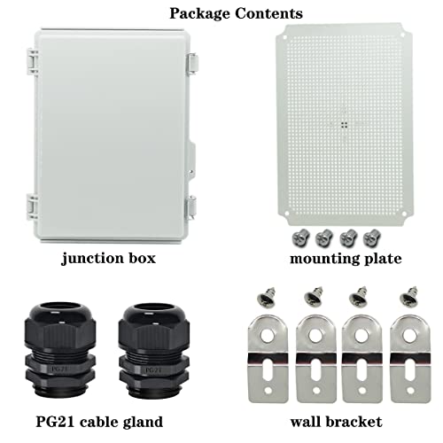 Image of Zulkit Junction Box,IP67 Waterproof Electrical Box Hinged Cover Stainless Steel Buckle Plastic Enclosure for Project w Mounting Plate Wall Bracket and 2 Cable Gland Grey 13.8 inchx9.8 inchx5.9 inch /350x250x150mm