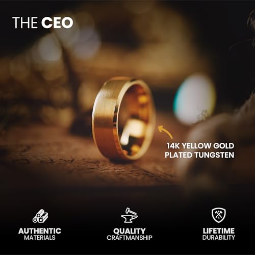 Manly Bands: Mens 14K Yellow Gold Plated Wedding Bands and Rings - Gold Plated Tungsten Comfort Fit and Stylish Rings for Men, Free Silicone Ring Included3