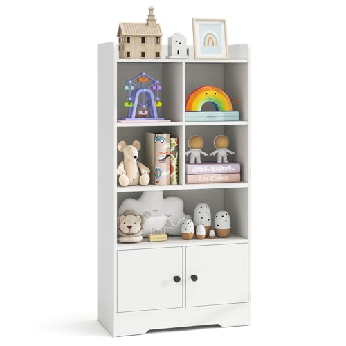 Image of Costzon Kids Toy Storage Cabinet, 47.5" Tall Bookcase w/ 5 Open Compartments & 2 Doors, Multifunctional Display Shelf Home Organizer for Playroom, Nursery, Bedroom, Living Room, Study (White)