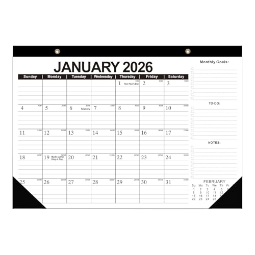 Calendrier Bureau 2026-2027 mensuel noir avec liste de tâches et pages perforées