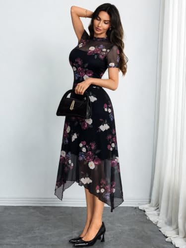 Image of GothDark Women's Wedding Guest Floral Print Vintage Goth Dress Mesh Spliced Double-Layered Irregular Hemline Midi Dresses