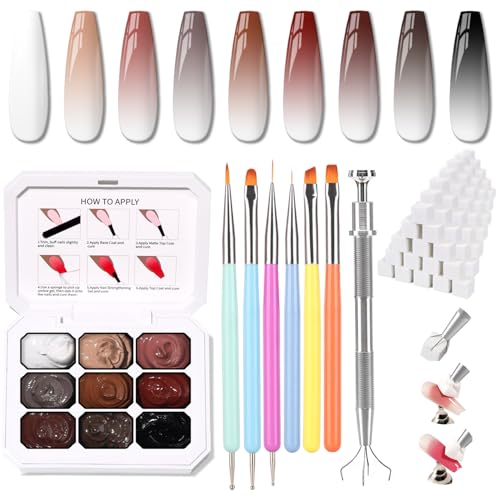 Patting Gel Nail Polish Set, 9 Colors Ombre Gel Polish Palette, 100pcs Sponges 6pcs Brushes 1 Grabber, Colors Blending Painting Nails Art, No Wipe, UV/LED Cured (Set 06)